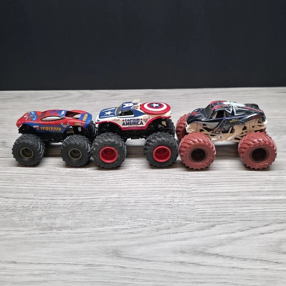 Hotwheels Monster Trucks Lot - Spider-Man, Captin America, Rare Dark Spider-Man